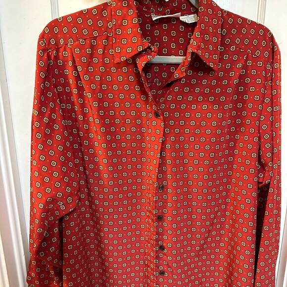 Evan-Picone Petites: Red Collared Button Down with Geometric Print VINTAGE-12 - Picture 1 of 4